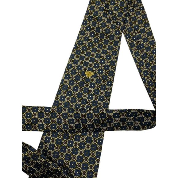 VERSACE Men's 100% Silk Necktie LUXURY Tie Navy Gold Geometric Logo W:3.6" EUC - Picture 5 of 6